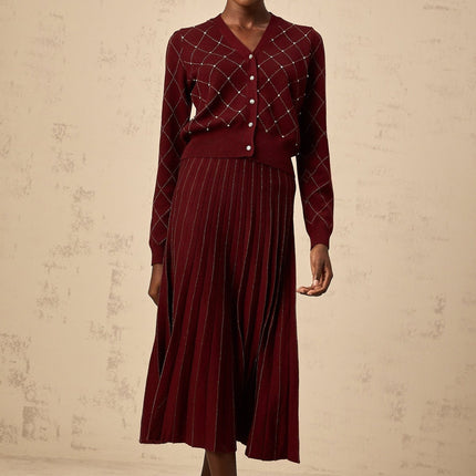 Elena Red Crystal Argyle Knit Cardigan Skirt Set