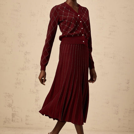 Elena Red Crystal Argyle Knit Cardigan Skirt Set