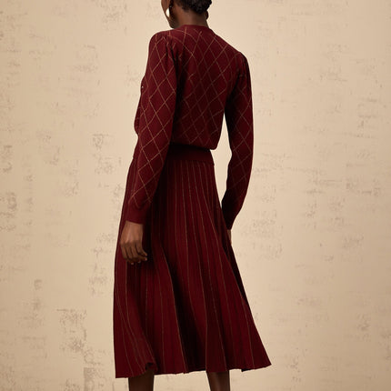 Elena Red Crystal Argyle Knit Cardigan Skirt Set