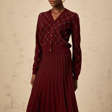 Elena Red Crystal Argyle Knit Cardigan Skirt Set