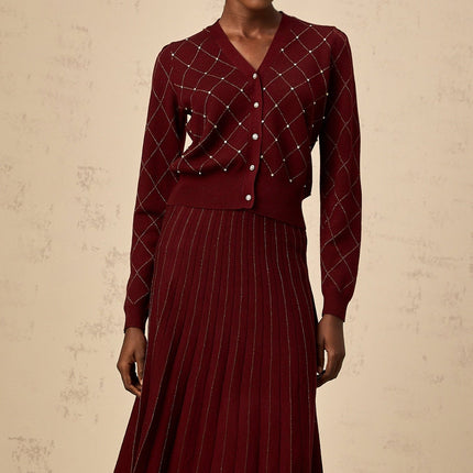 Elena Red and Gold Crystal Argyle Knit Set Cardigan Skirt