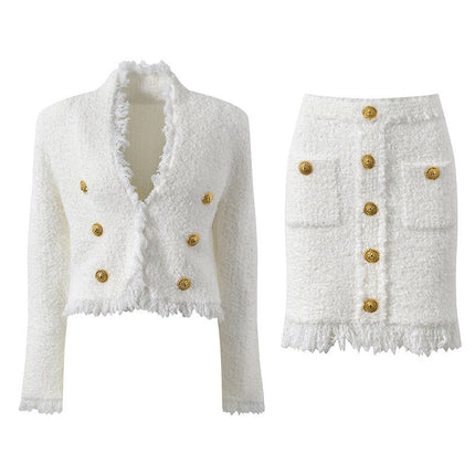 Elena White Double Breasted Blazer Skirt Set Fringed Edges Gold Button Details Decorative Pockets Textured Fabric Formal Semi-Formal Events