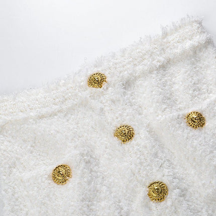 Elena White Double-Breasted Blazer and Skirt Set with Gold Button Details