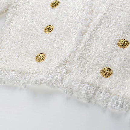Elena White Double Breasted Blazer Skirt Set Fringed Edges Gold Button Details