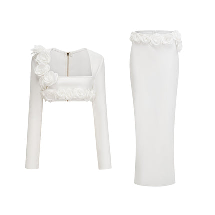 Elena White Cropped Top and Ankle-Length Skirt Set with Faux-Flower Detailing