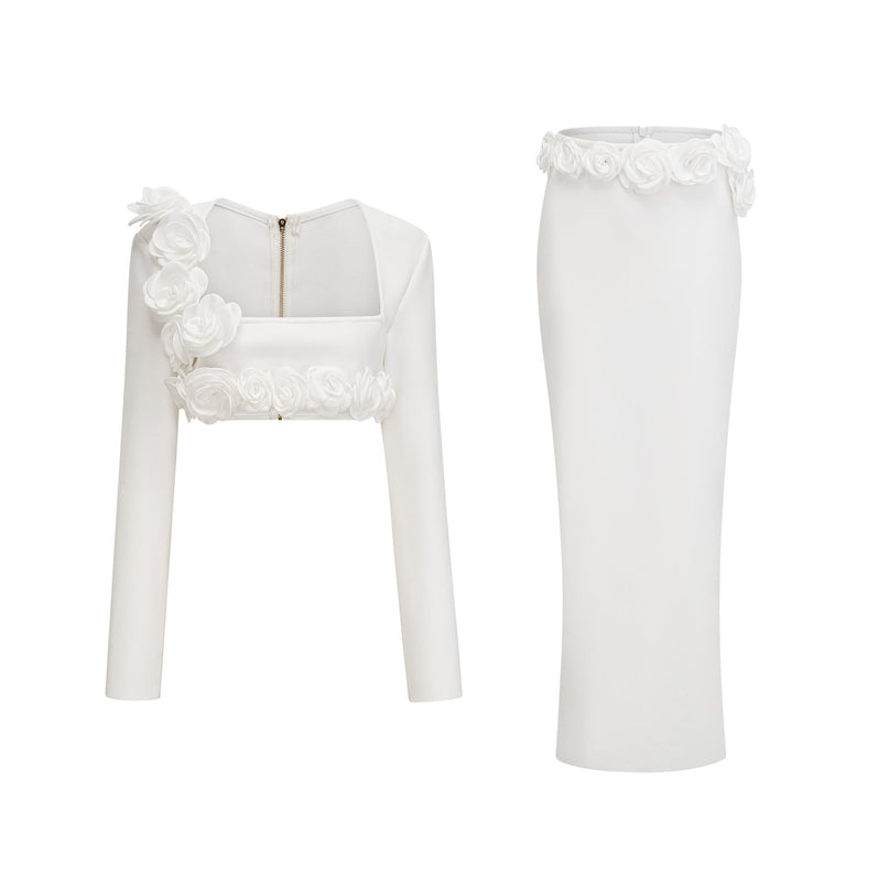 Elena White Cropped Top and Ankle-Length Skirt Set with Faux-Flower Detailing