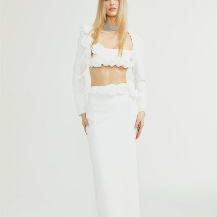 Elena White Cropped Top and Ankle-Length Skirt Set with Faux-Flower Detailing