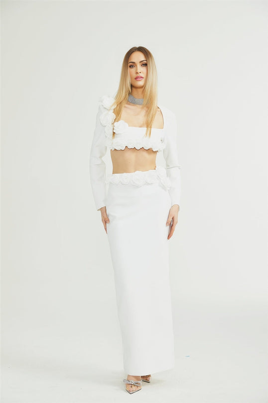 Elena White Cropped Top and Ankle-Length Skirt Set with Faux-Flower Detailing