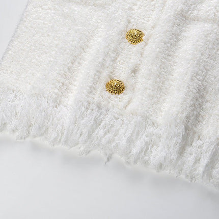 Elena White Double-Breasted Blazer and Skirt Set with Fringed Edges and Gold Button Details