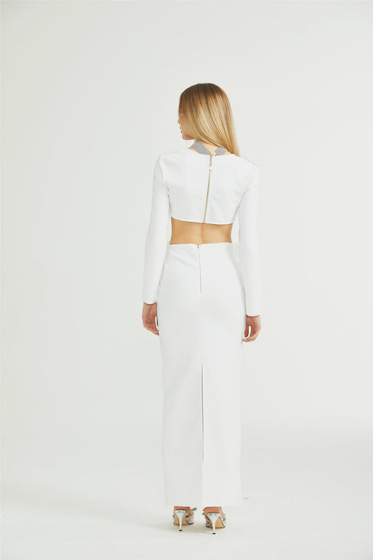 Elena White Faux-Flower Detail Crop Top and Ankle-Length Skirt Set