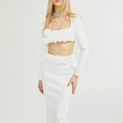 Elena White Faux-Flower Detail Cropped Top and Ankle-Length Skirt Set