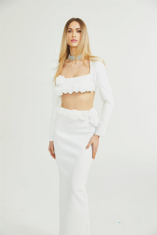 Elena White Faux-Flower Detail Cropped Top and Ankle-Length Skirt Set