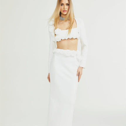 Elena White Faux Flower Detail Cropped Top and Ankle-Length Skirt Set