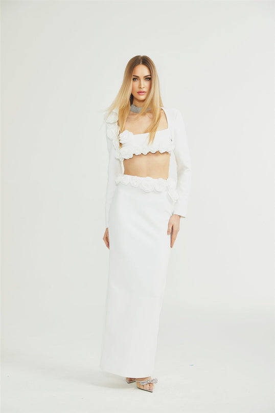 Elena White Faux Flower Detail Cropped Top and Ankle-Length Skirt Set