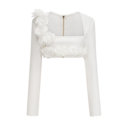 Elena White Faux-Flower Detail Cropped Top and Ankle-Length Skirt Set