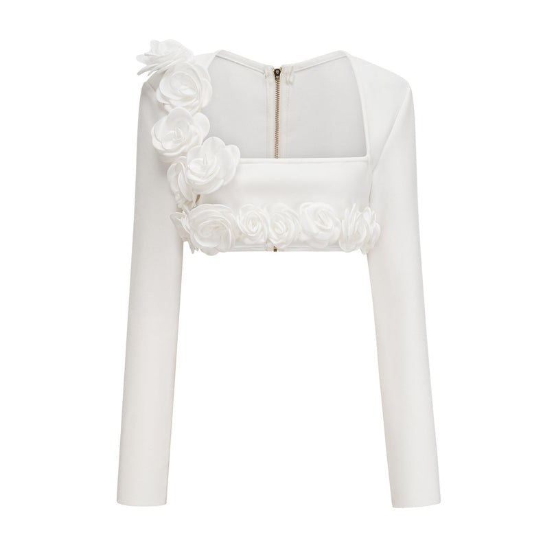 Elena White Faux-Flower Detail Cropped Top and Ankle-Length Skirt Set