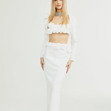 Elena White Faux-Flower Detail Cropped Top and Ankle-Length Skirt Set