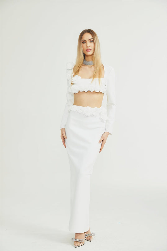 Elena White Faux-Flower Detail Cropped Top and Ankle-Length Skirt Set