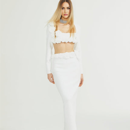Elena White Faux-Flower Detail Cropped Top and Ankle-Length Skirt Set