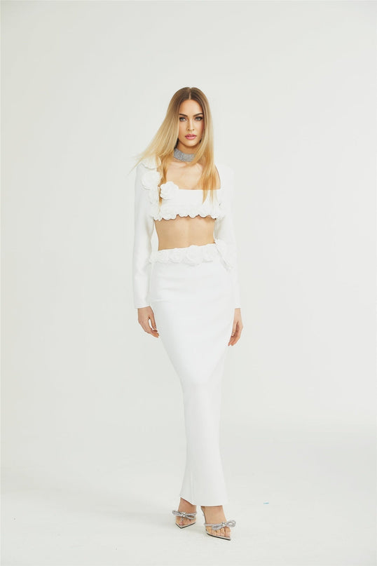 Elena White Faux-Flower Detail Cropped Top and Ankle-Length Skirt Set