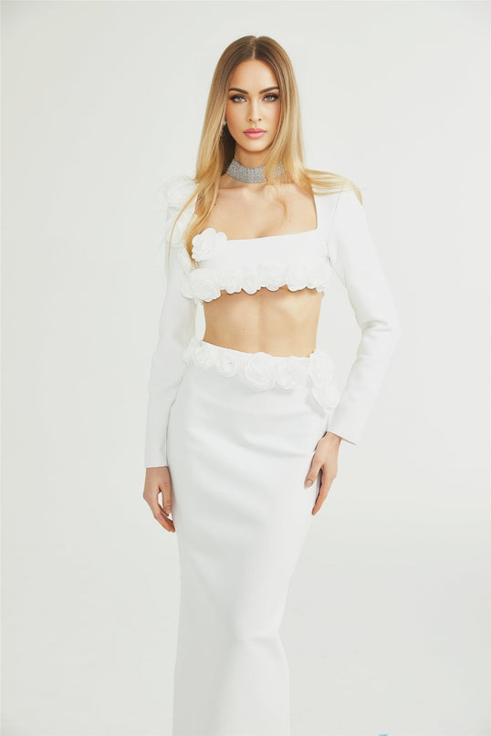 Elena White Floral Detail Cropped Top and Ankle-Length Skirt Set
