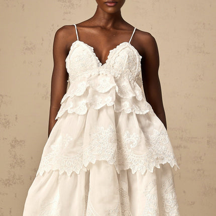 Elena White Guipure Lace Mini Dress with Sweetheart Neckline and Ruffled Detailing