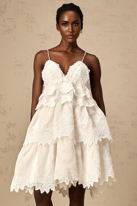 Elena White Guipure Lace Mini Dress with Sweetheart Neckline and Ruffled Detailing