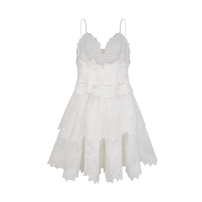 Elena White Guipure Lace Mini Dress with Ruffled Detailing and Scalloped Hem