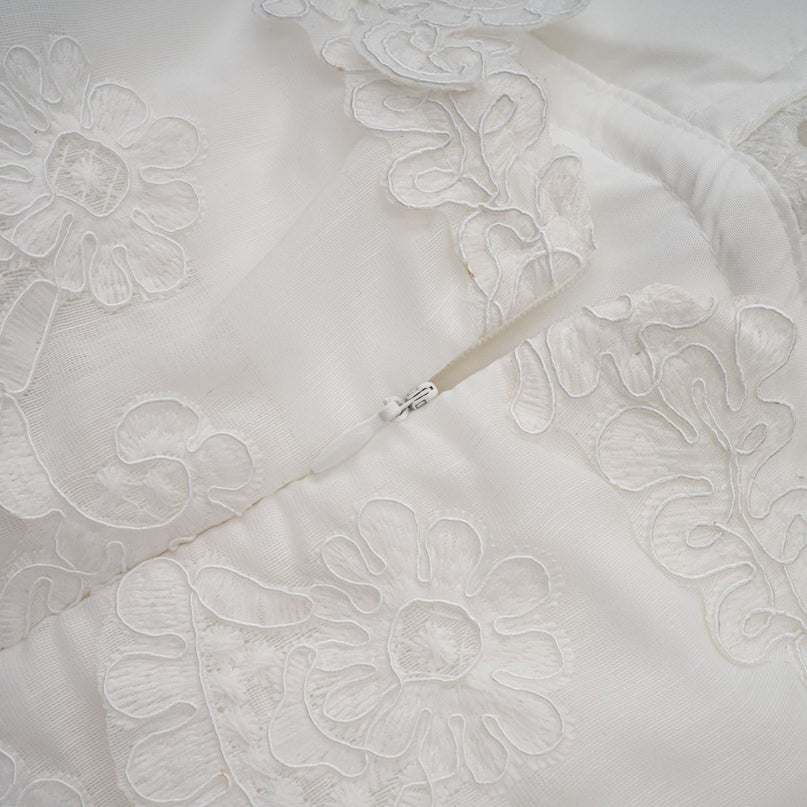 Elena White Guipure Lace Mini Dress with Sweetheart Neckline and Ruffled Detailing