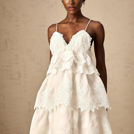 Elena White Guipure Lace Mini Dress with Ruffled Detailing and Asymmetrical Hem