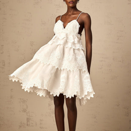 Elena White Guipure Lace Mini Dress with Sweetheart Neckline and Ruffled Detailing