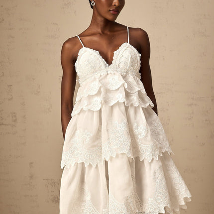 Elena White Guipure Lace Mini Dress with Ruffled Detailing and Scalloped Hem