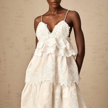 Elena White Guipure Lace Mini Dress Sweetheart Neckline Ruffled Tiered Asymmetrical Hem Scallop Knee-Length Straps Rear Zip Fastening Mixed Linen Composition