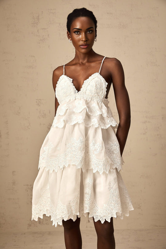 Elena White Guipure Lace Mini Dress Sweetheart Neckline Ruffled Tiered Asymmetrical Hem Scallop Knee-Length Straps Rear Zip Fastening Mixed Linen Composition