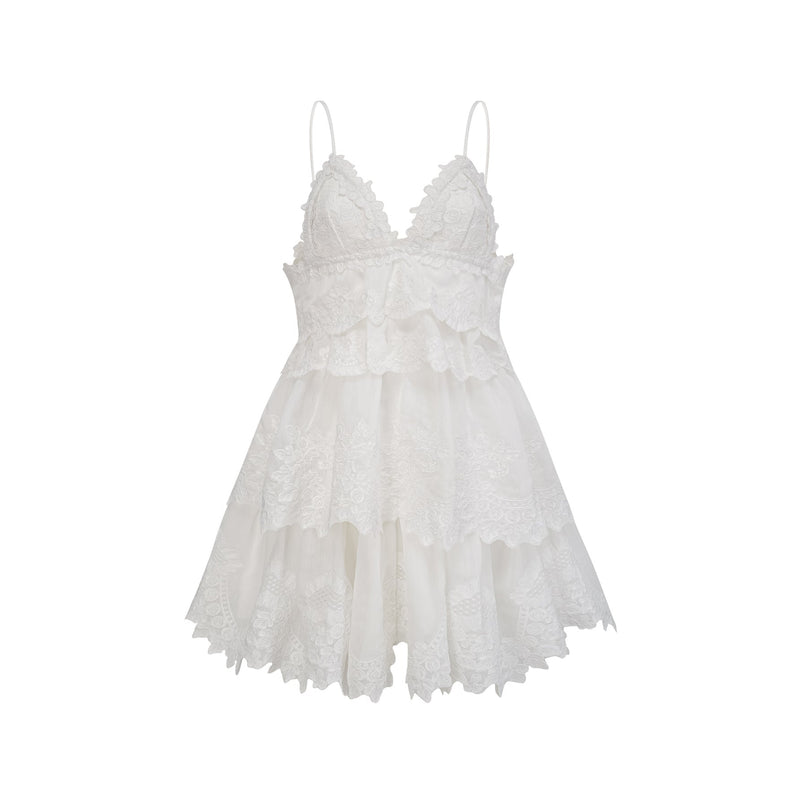 Elena White Guipure Lace Mini Dress with Sweetheart Neckline and Ruffled Detailing