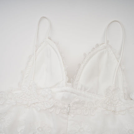 Elena White Guipure Lace Mini Dress with Sweetheart Neckline and Ruffled Detailing