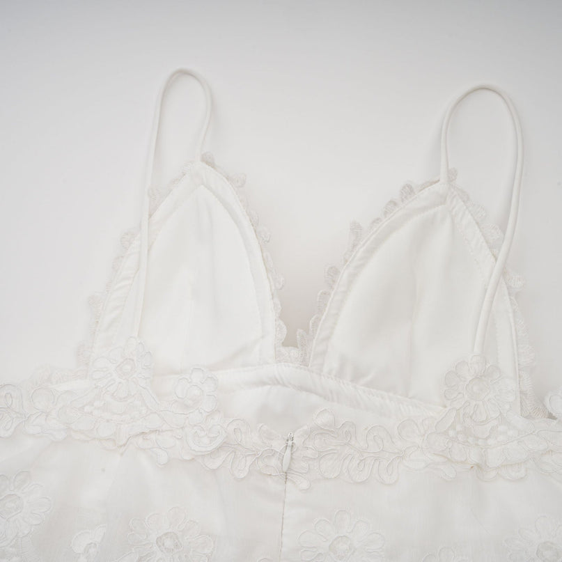 Elena White Guipure Lace Mini Dress with Sweetheart Neckline and Ruffled Detailing