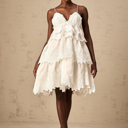 Elena White Guipure Lace Mini Dress with Sweetheart Neckline and Ruffled Detailing
