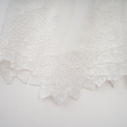 Elena White Guipure Lace Mini Dress Sweetheart Neckline Ruffled Detailing Tiered Asymmetrical Hem Thin Straps Scallop Hem Knee-length Rear Zip Fastening Mixed Linen Composition Sartorial Gem
