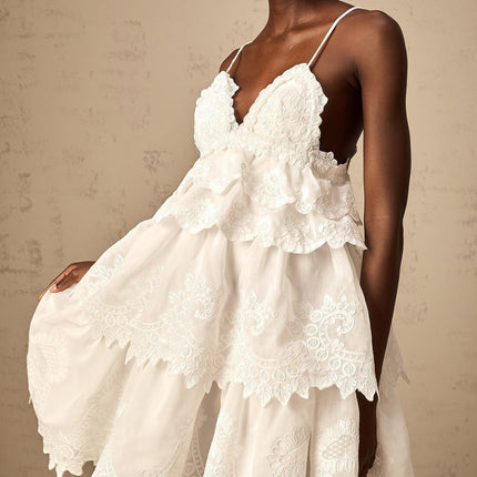 Elena White Guipure Lace Mini Dress Sweetheart Neckline Ruffled Asymmetrical Hem Scallop Tiered Design