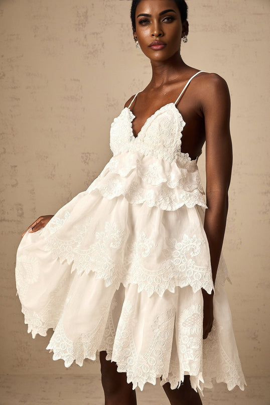 Elena White Guipure Lace Mini Dress Sweetheart Neckline Ruffled Asymmetrical Hem Scallop Tiered Design