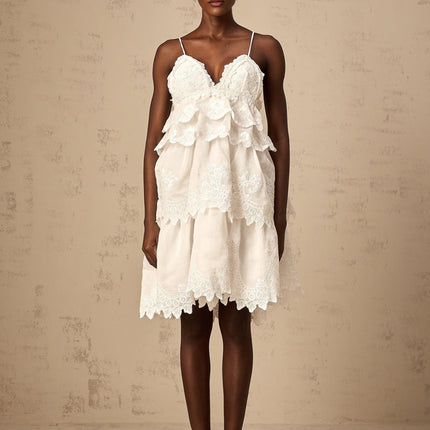 Elena White Guipure Lace Mini Dress with Sweetheart Neckline and Ruffled Detailing