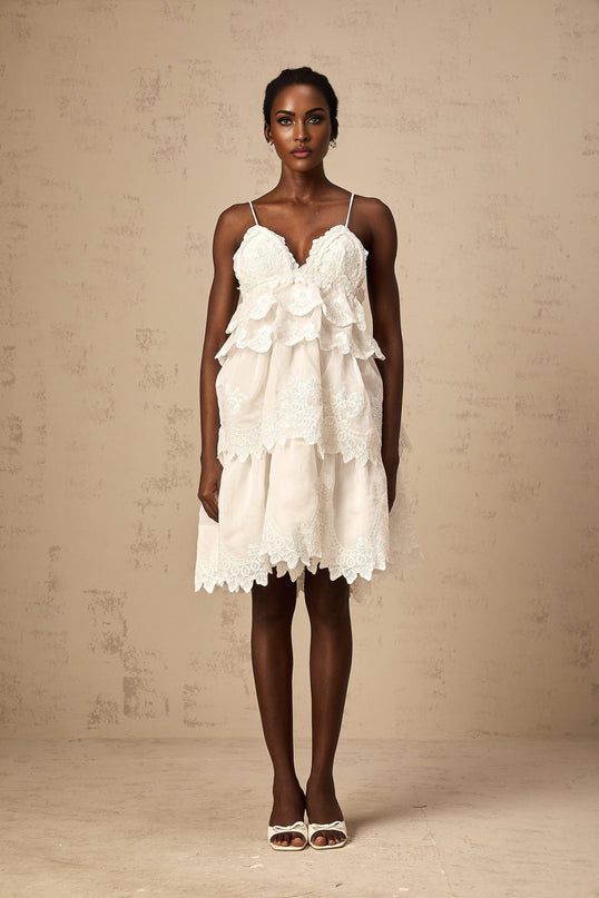 Elena White Guipure Lace Mini Dress with Sweetheart Neckline and Ruffled Detailing