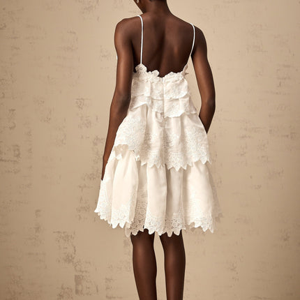 Elena White Guipure Lace Mini Dress with Sweetheart Neckline and Ruffled Detailing