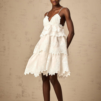 Elena White Guipure Lace Mini Dress with Sweetheart Neckline and Ruffled Detailing