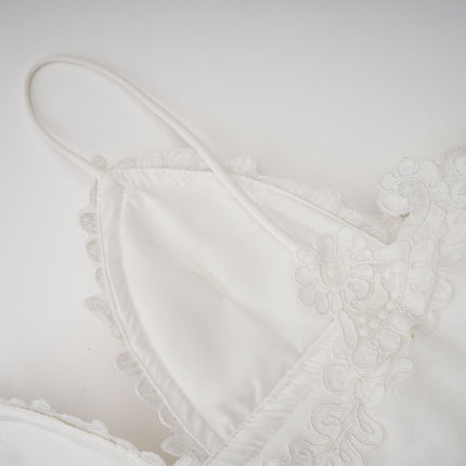 Elena White Guipure Lace Mini Dress Sweetheart Neckline Ruffled Tiered Asymmetrical Hem Scallop Hem Thin Straps Knee Length Rear Zip Fastening Mixed Linen Composition