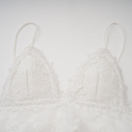 Elena White Guipure Lace Sweetheart Mini Dress with Ruffled Detailing and Asymmetrical Hem