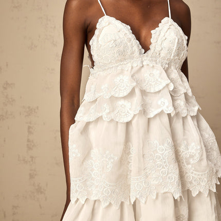 Elena White Guipure Lace Tiered Mini Dress with Ruffled Detailing and Scalloped Hem