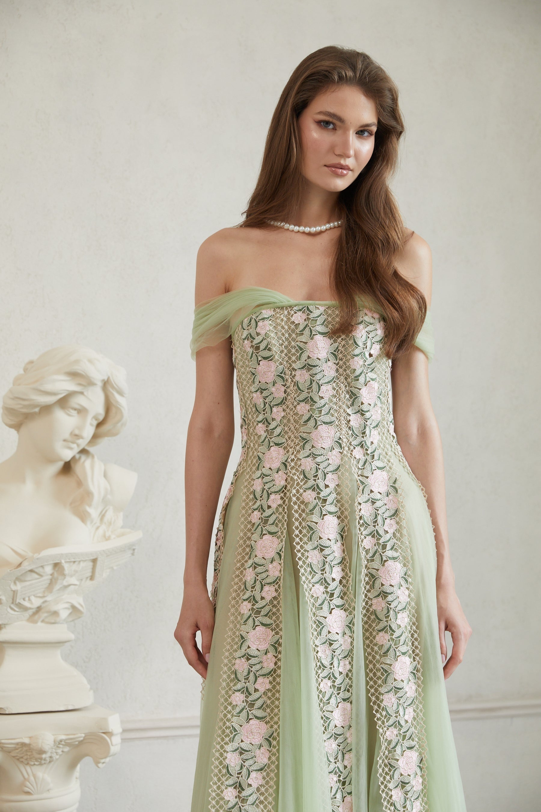Eleni Green Tulle Panel Floral Midi Dress