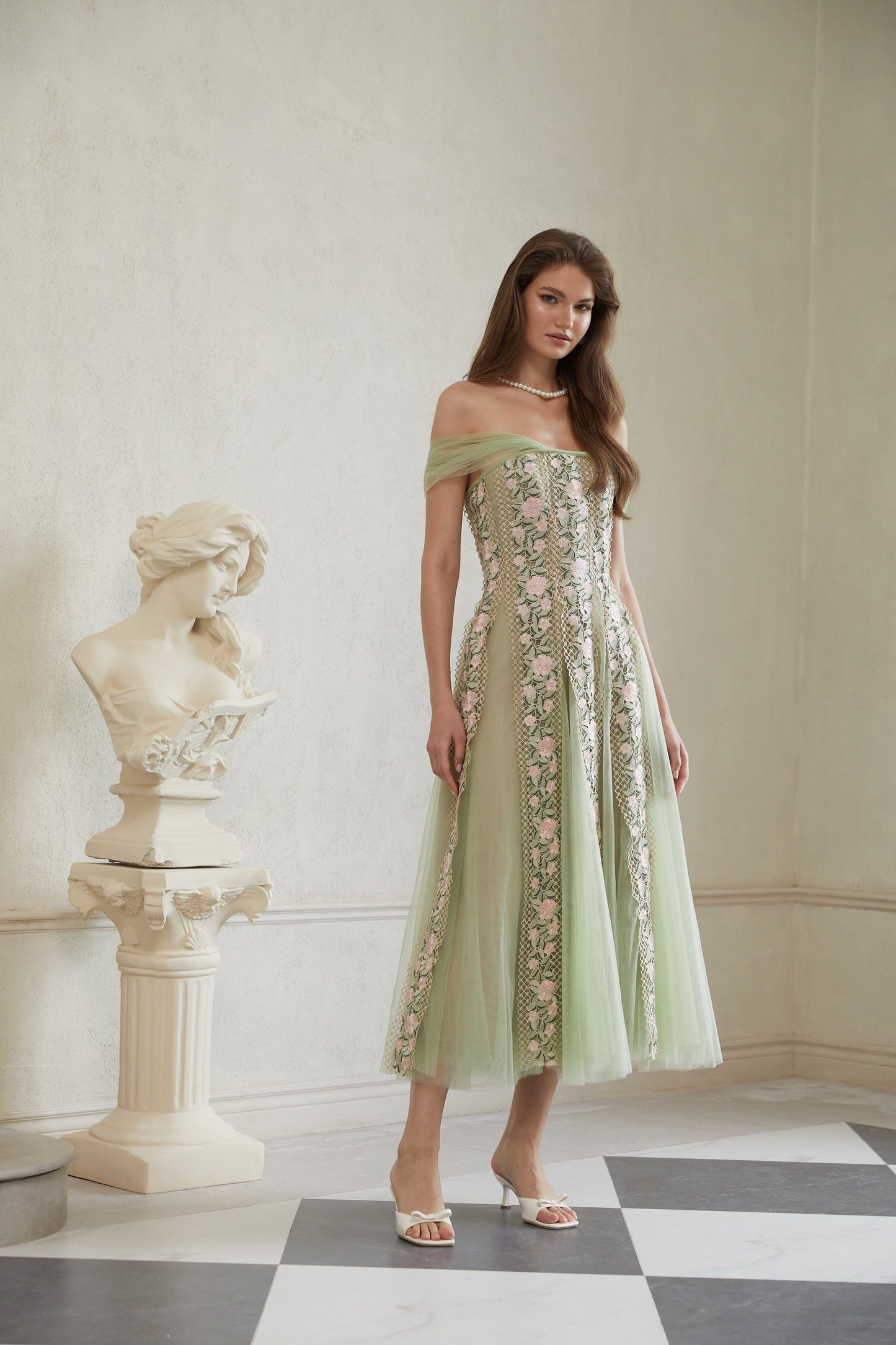 Eleni Green Tulle Panel Floral Midi Dress